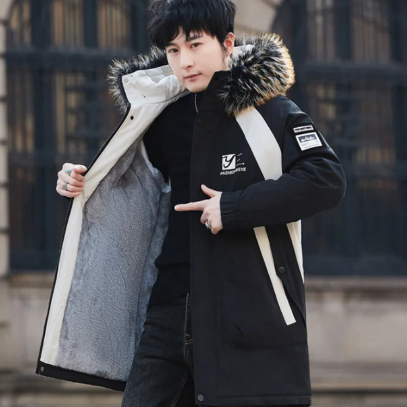معطف رجالي سميك مبطن بالصوف متوسط الطول، سترة رجالية مبطنة بالصوف، سترة مع ياقة من الفرو #2