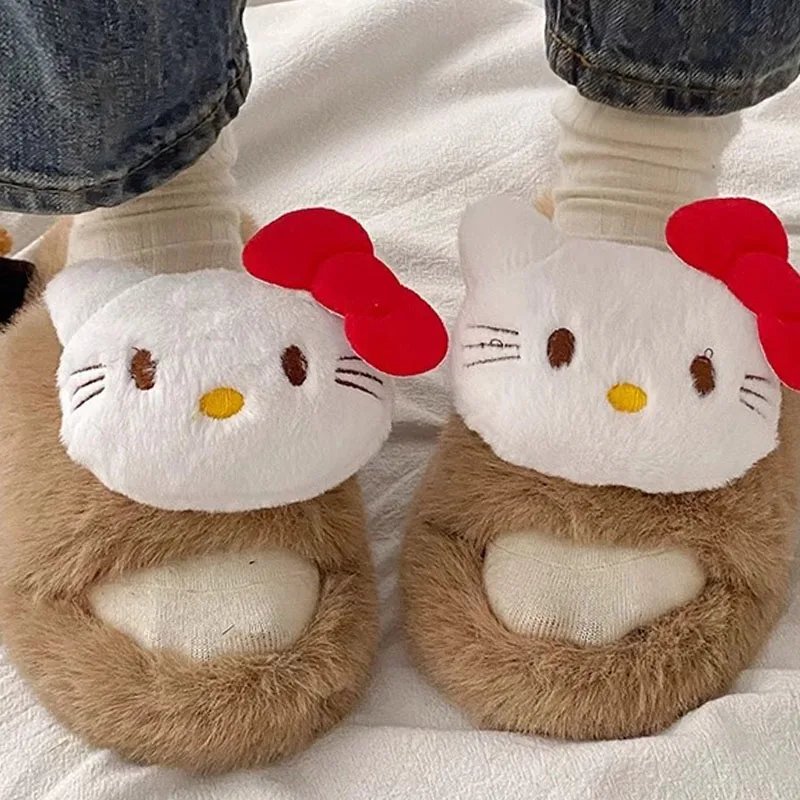 الكرتون مرحبا كيتي الإناث نعال من القطن لطيف الدافئة سميكة وحيد أحذية الخريف الشتاء داخلي المضادة للانزلاق مقاومة للاهتراء مريحة