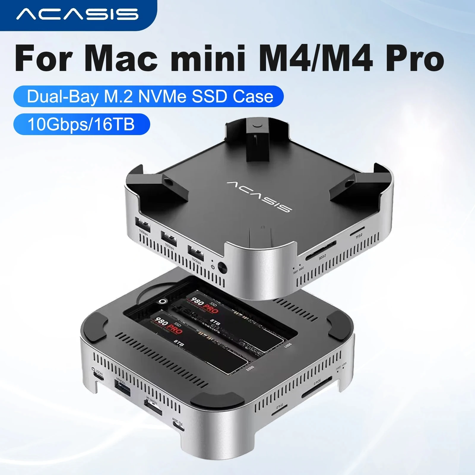 Acasis 10Gbps USB-C Docking Station Dual-bay M.2 NVMe SSD Enclosure 16TB HDMI SD/TF 3.0 for Mac Mini M4/M4 Pro With Cooling Fan