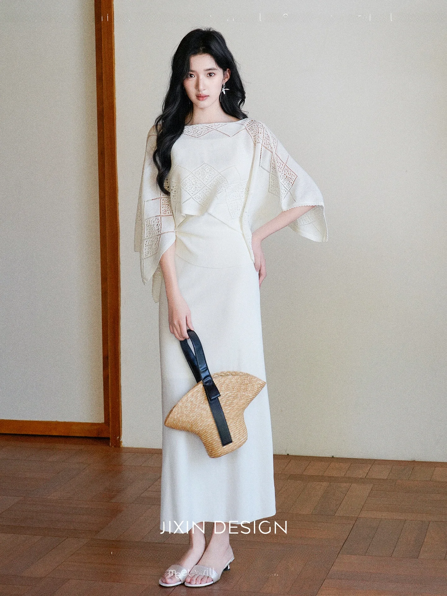

Linense Lace Hollow Knitted Shoulder Shawl Top Tank Vest Half Skirt Gentle Three-piece Set Women's Spring Fashion Ensemble