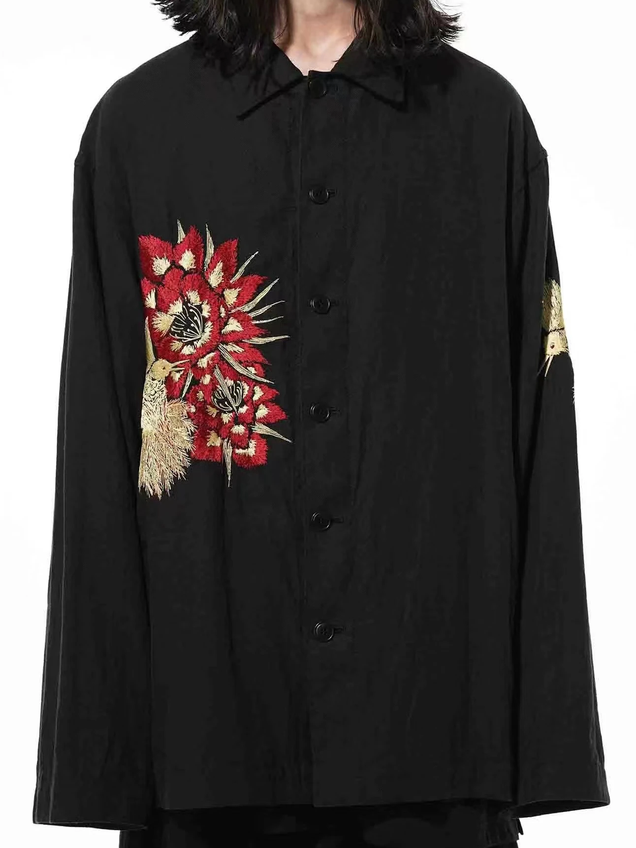 YAMAMOTO-Style High Quality Coat Hummingbird Embroidery Silk Linen Coat Long Sleeve Luxury Design Coat Men Women of the same