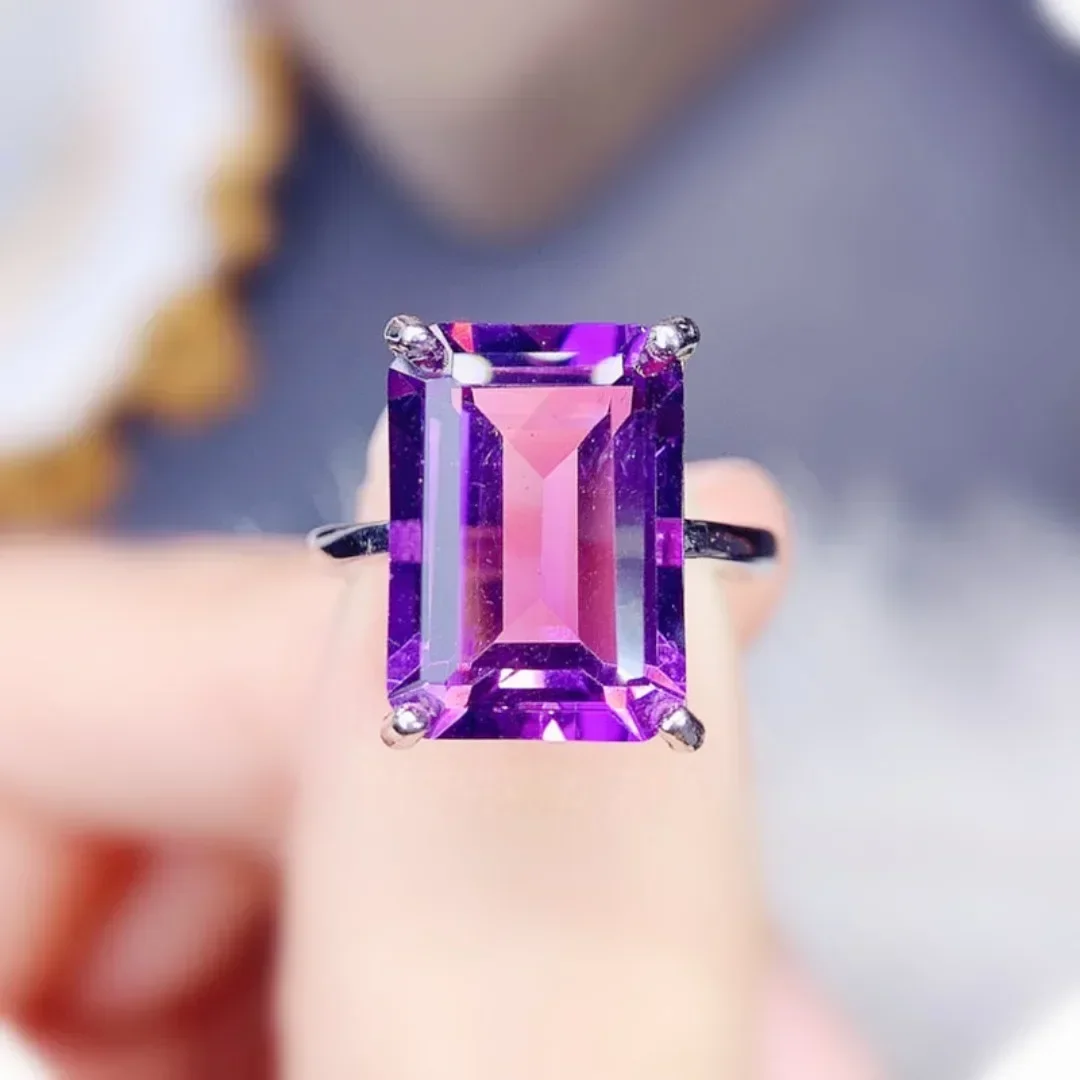 

Natural Real Amethyst or Citrine Rectangle Ring 10*14mm Gemstone 925 Sterling Silver Fine Jewelry