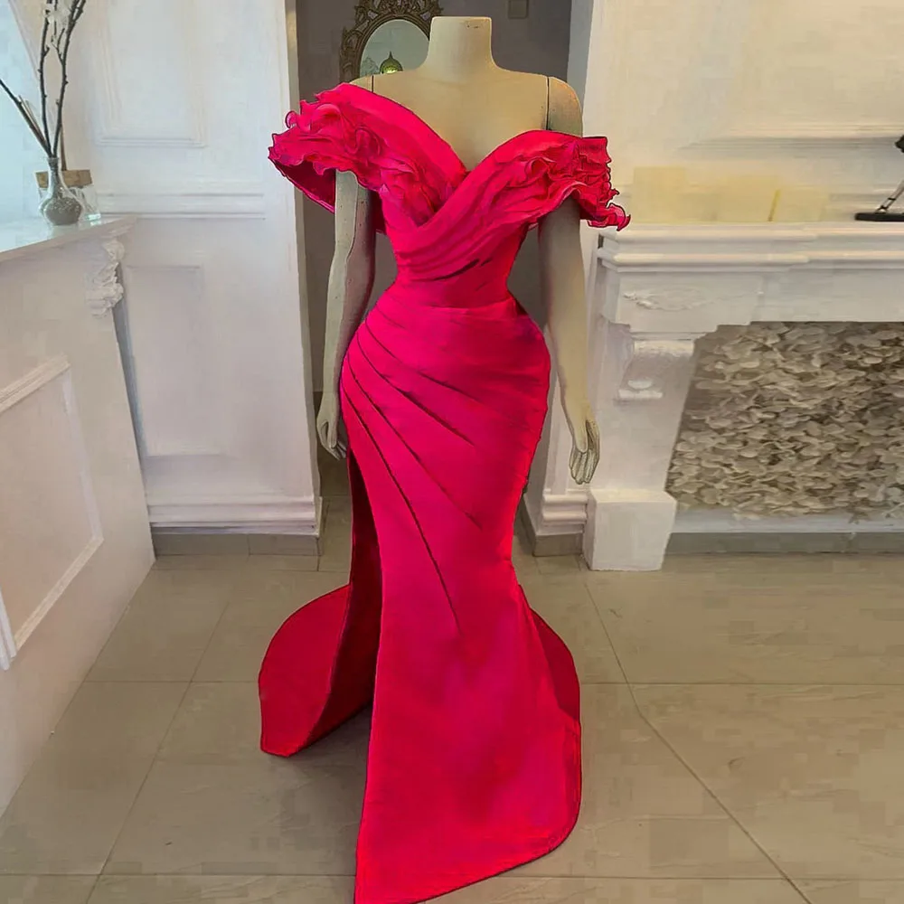 

Fairy Pink Dress With Ruffled Off Shoulder Design Features Mermaid Silhouette And Side Slit Graceful And Sophisticated For For