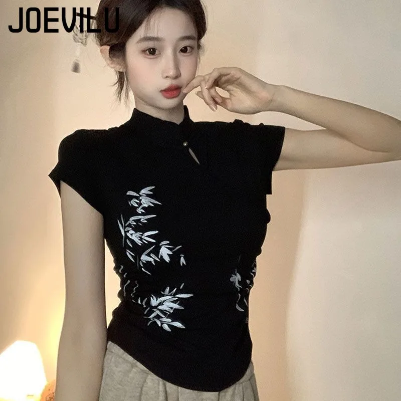 여성 여름 짧은 소매 티셔츠 새로운 중국 스타일 슬림 라운드 넥 우아한 캐주얼 다목적 섹시한 탑 간단한 기질 탑