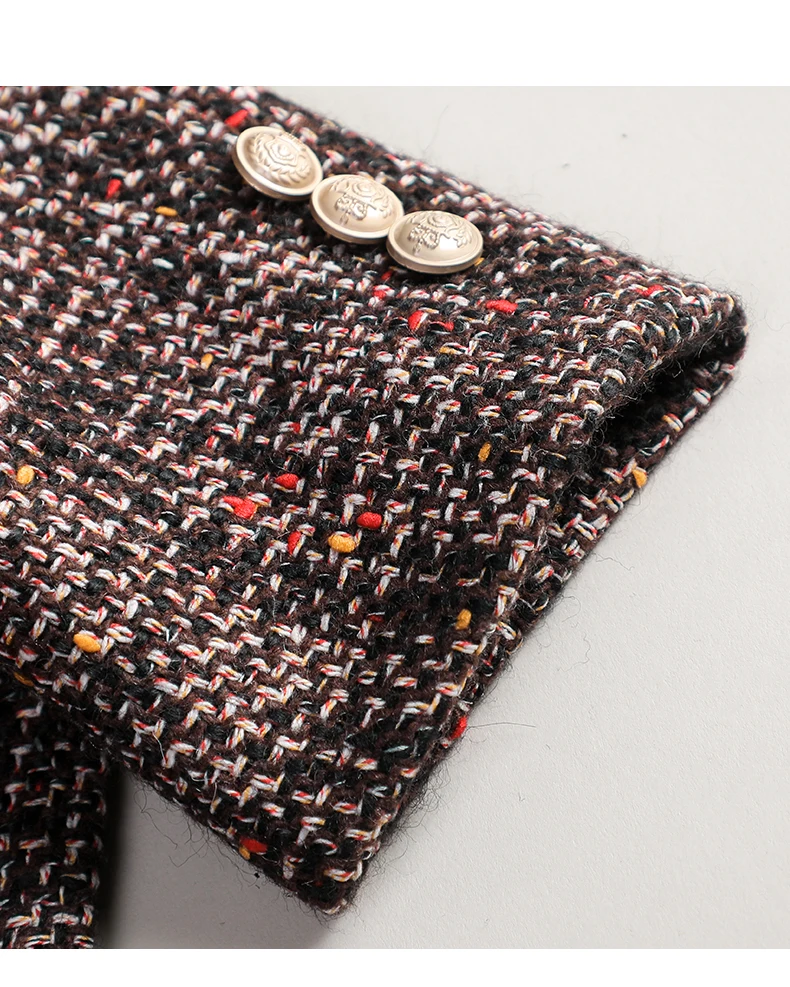 여성용 레트로 다크 브라운 격자 무늬 V넥 긴팔 모직 블레이저 코트, 빈티지 우아한 싱글 단추 상의, 한국 패션, 가을 겨울