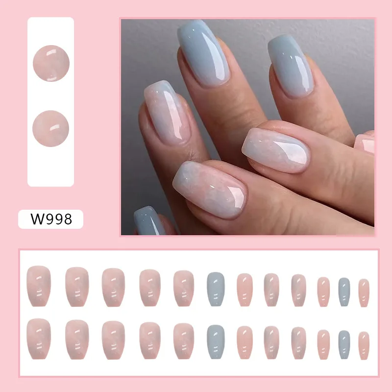 24pcs Short Ballet Pink Blue Marbled Summer Press on Nails Artificial False Nails Square Acrylic Medium Fake Nails Set Manicure