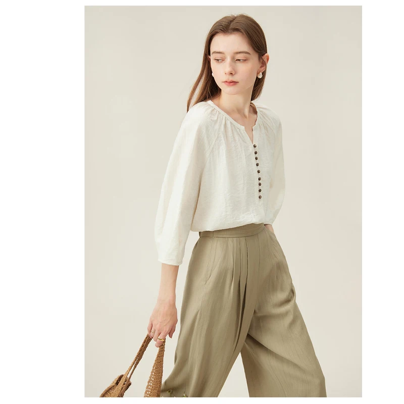Fengbaoyu Natural Linen Ladies Shirt - Three-quarter Sleeve V-Neck Top - Elegant and Chic French Casual Shirt - Comfortable
