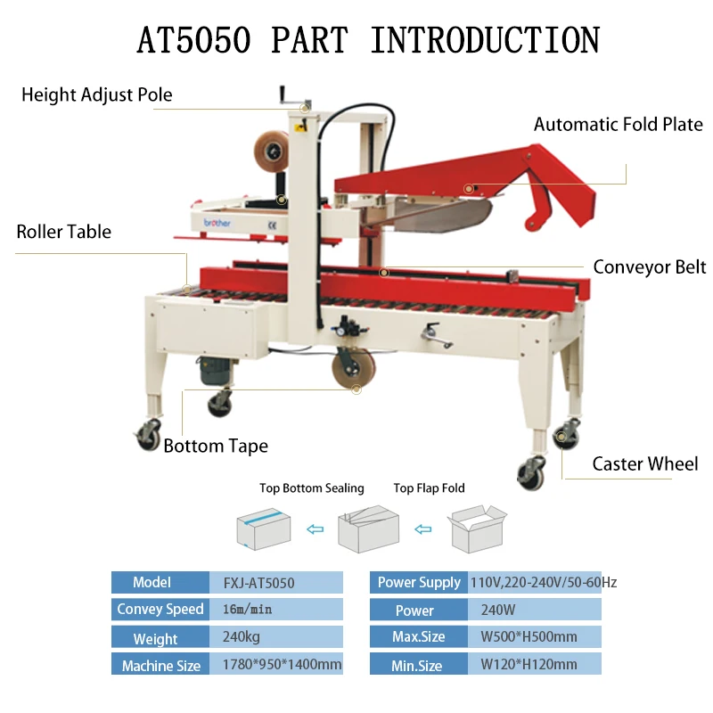 Semi Automatic Top Flap Fold Taping Carton Sealer Case Box tape Sealing Machine AT5050