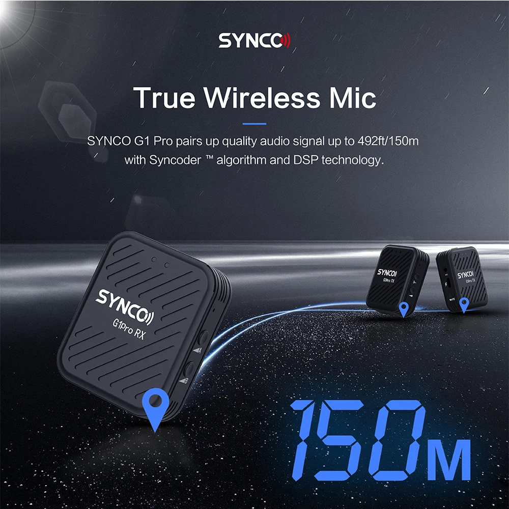SYNCO G1A2Pro ميكروفون لافالير لاسلكي 150 متر ميكروفون ذو طية صدر السترة بدون ضوضاء مع صندوق شحن للهاتف الكاميرا