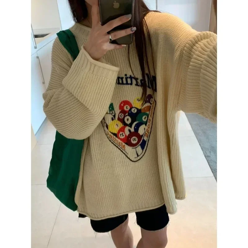 Casual Sweater Women\'s Pullover Loose Vintage Cartoon O-neck Cute Jacket Graffiti Billiard Knitted Pattern Fall Clothes