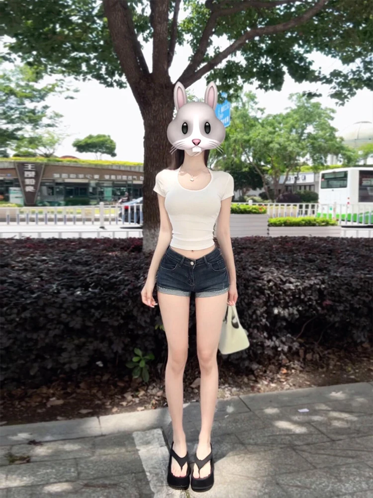 

American Style Hot Girl Low Waist Denim Shorts Women Summer Thin Tight Butt A-Line Straight Wide Leg Pants Casual Style