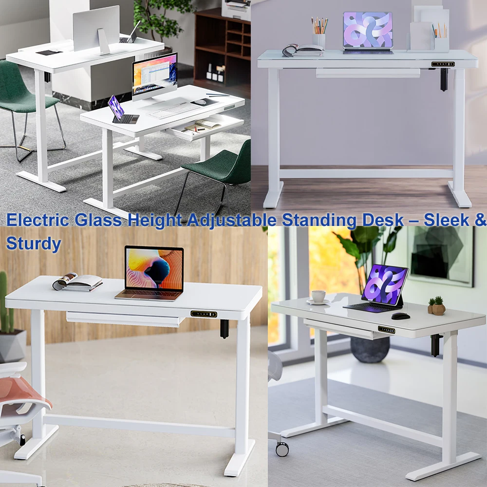 Electrical Office Glass Desktop Tables With Drawer Height Adjustable Computer Standing Desk Single Motor Desk