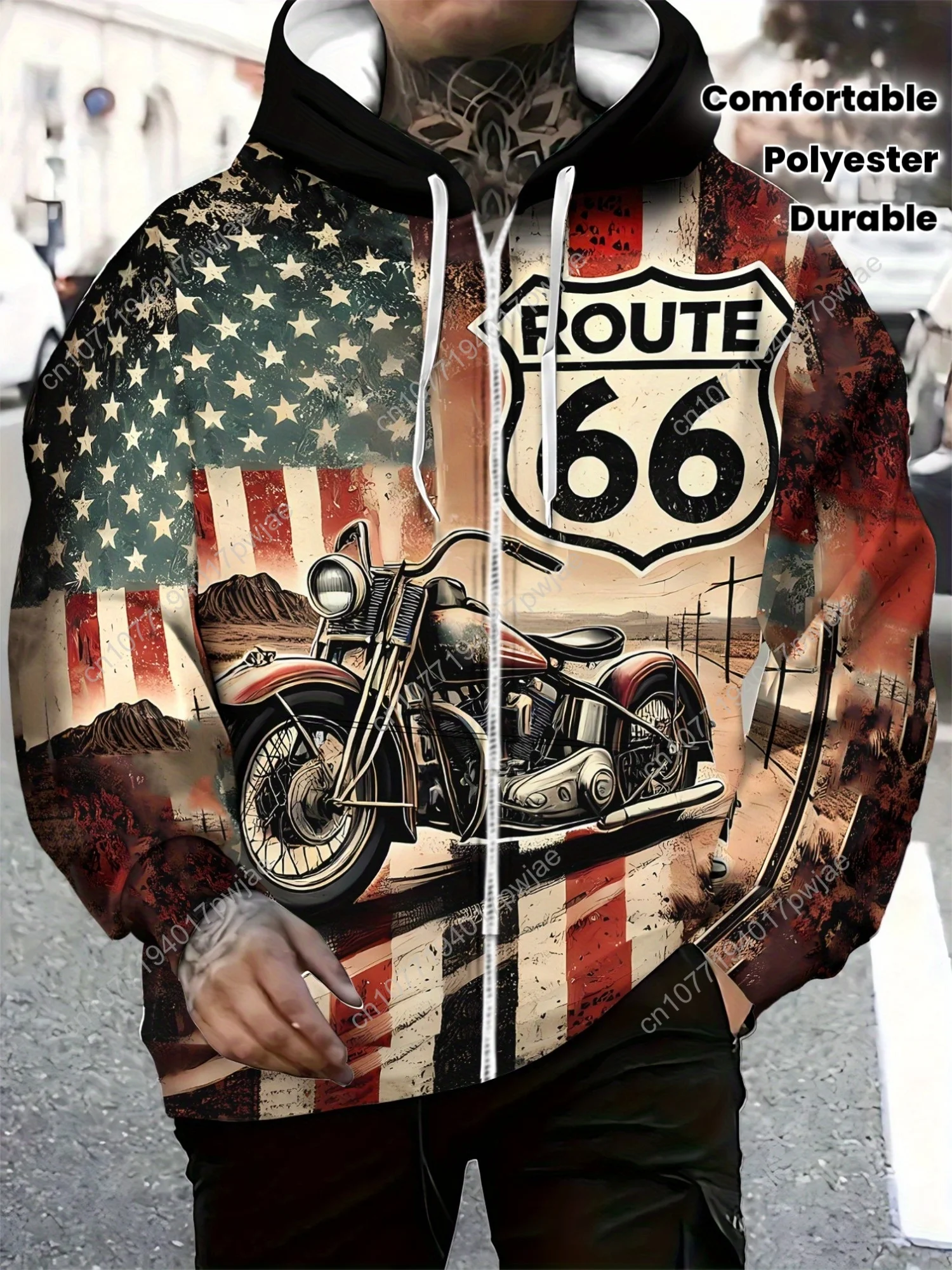 Мужская кепка на молнии с длинными рукавами, спортивная одежда, винтажная толстовка с мотоциклетным принтом для путешествий на открытом воздухе, мягкая полиэфирная ткань, красный, белый, синий