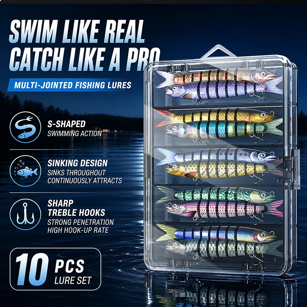 8-Jointed Swimbait 3/5/10 Pack Realistic Hard Bait Internal Rattle 3D Eyes for Bass Trout in River Current