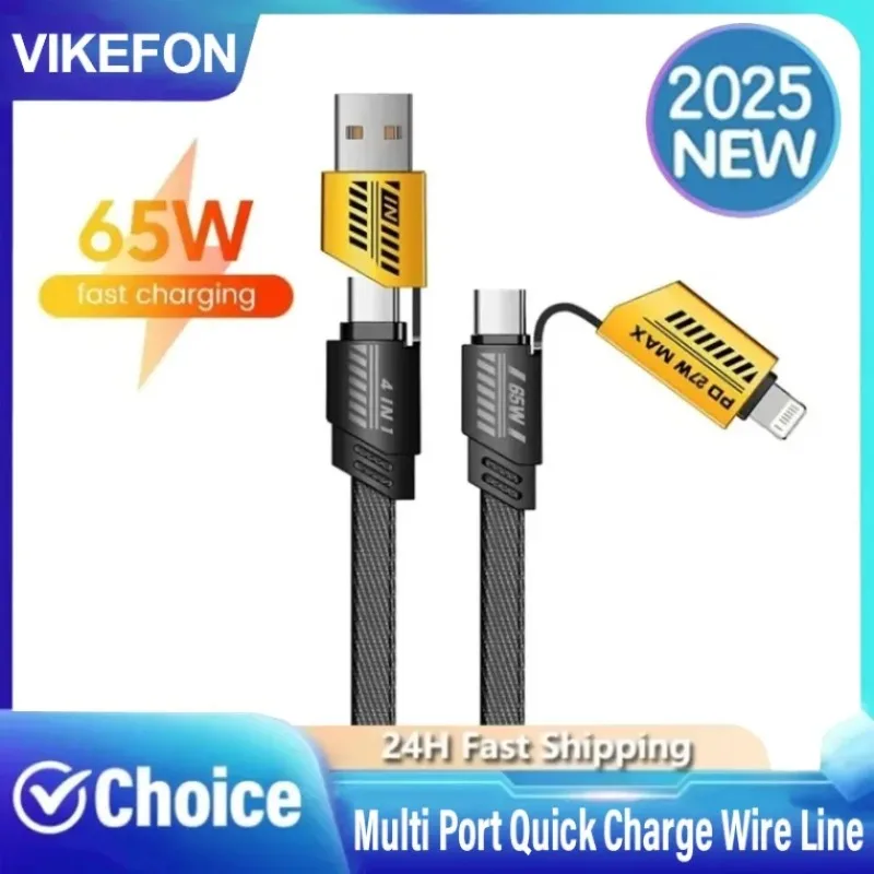 65W 4 In 1 Braided Fast Charging USB Cable Multi Port PD Quick Charge Wire For iPhone Type C Micro Android Phone Data Sync Use