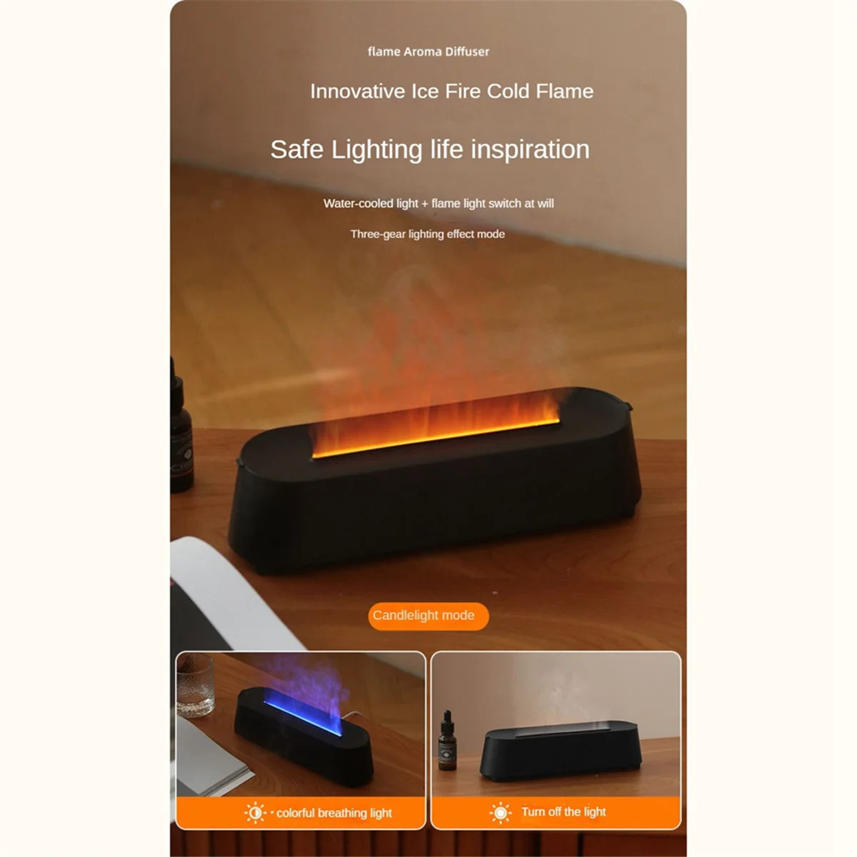 

Remote Control Flame Aromatherapy Air Humidifier Ultrasonic Mist Maker Fogger 7 Color LED Essential Oil Flame Lamp Black