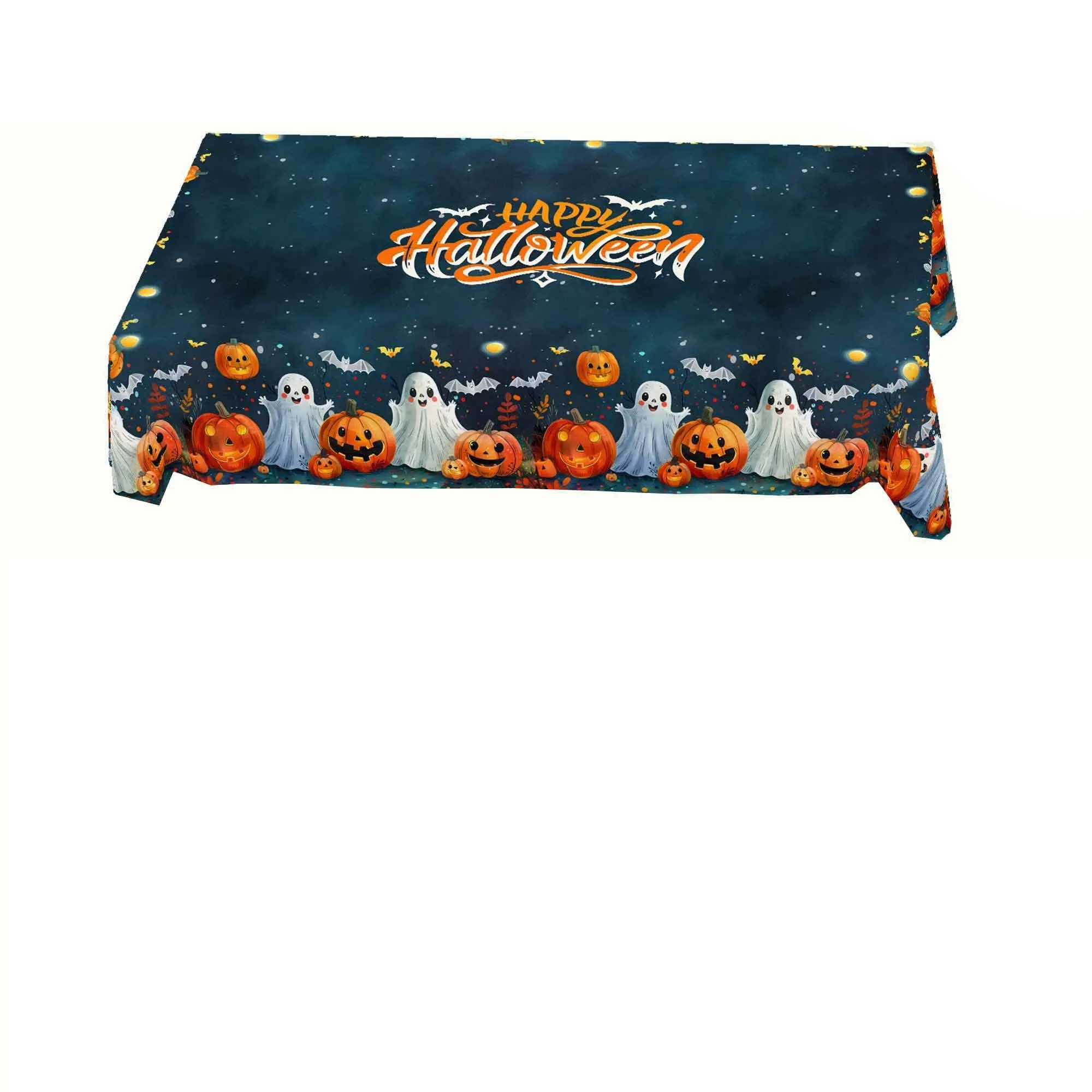 Strange Halloween Tablecloth - Pumpkin, Ghost, Bat, Candy Corn Patterns. Easy to Clean Polyester Material