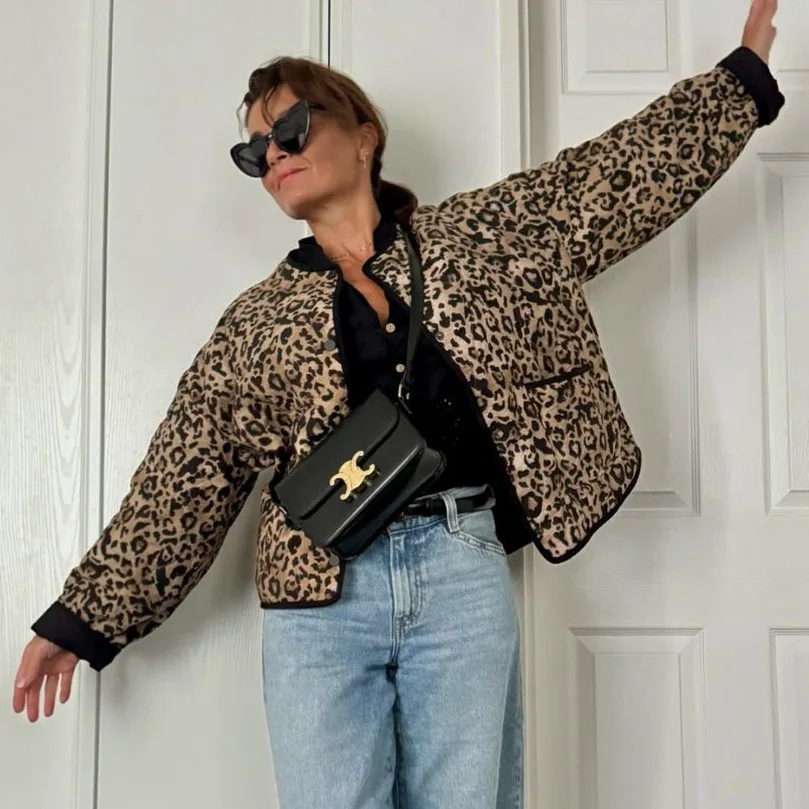 

Leopard Print Winter Women's Parka Jacket Round Neck Spliced Sing Breasted Female Padded Coat Korean-style Chic Outwear For Lady