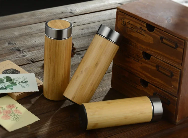 

Vacuum Flask Straight Cup Cover Bamboo Creative For Travel Stainless Steel Thermos Bottle For Water Coffee Mug KK 3052