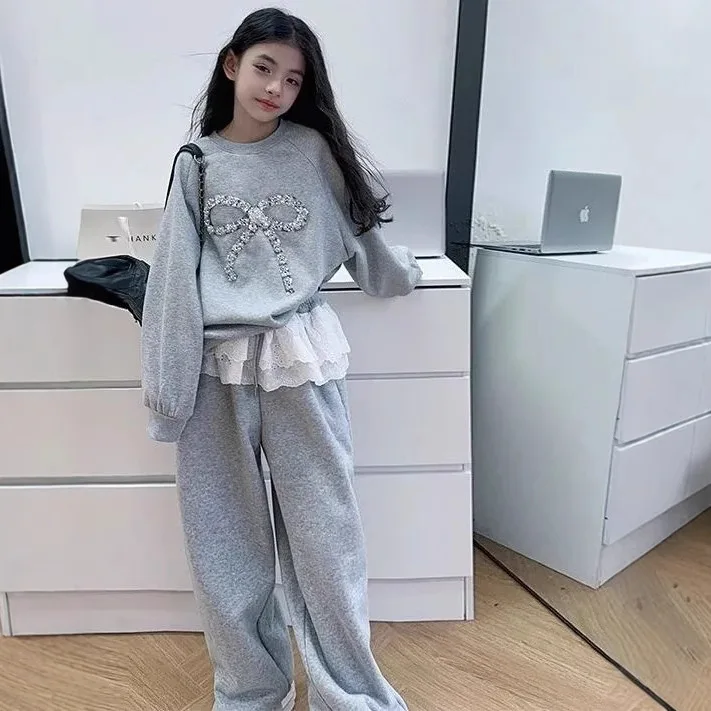 2025 الخريف الشتاء فتاة القماش الدب الدانتيل فضفاض القوس البلوز تي شيرت أعلى + واسعة الساق بانت المراهقين الطفل مجموعة 4 10 12 15 سنة #1