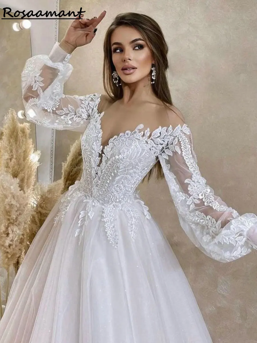 Vestidos de novia románticos de manga larga con cuello en V, apliques de encaje, vestidos de novia campestres personalizados