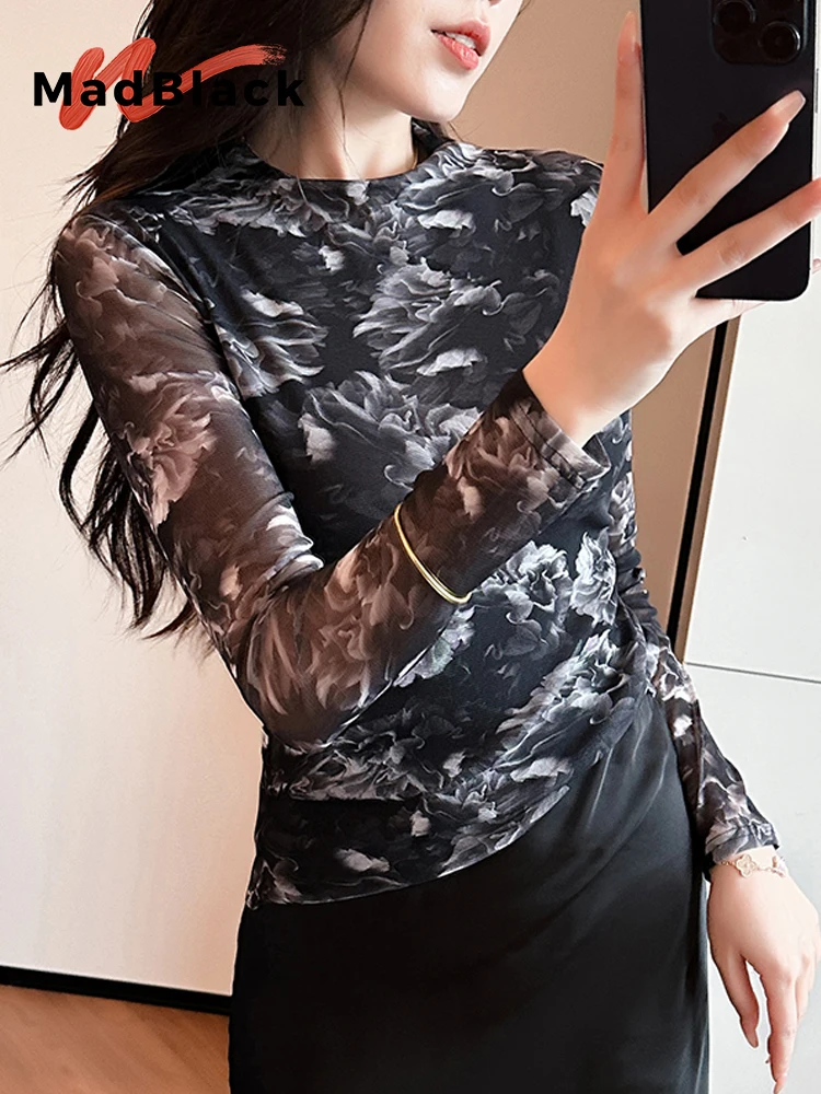 

MadBlack-Women European T-Shirt, Sexy Turtleneck Geometry Print, Fashion Long Sleeve Slim S-3XL Mesh Tee, 2025 Autumn T5O738CC