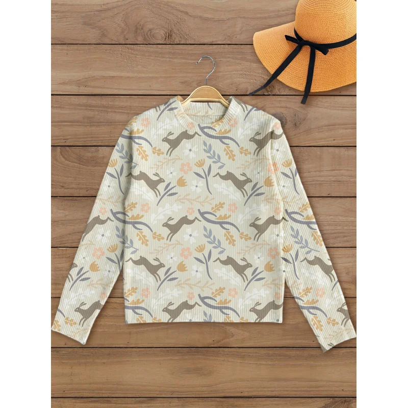 

Cartoon Little Flower Rabbit Print,Women's Autumn Sweater, Soft Knit, Long Sleeve, Round Neck, Warm Loose Fit