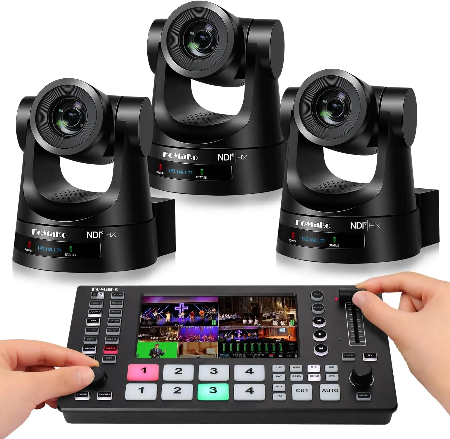 كاميرا FoMaKo NDI PTZ، زووم بصري 30X، جهاز تتبع تلقائي AI Gen 3، جهاز مزج فيديو للبث المباشر للوسائط وتقارير الأخبار (KN30AX3+M3)