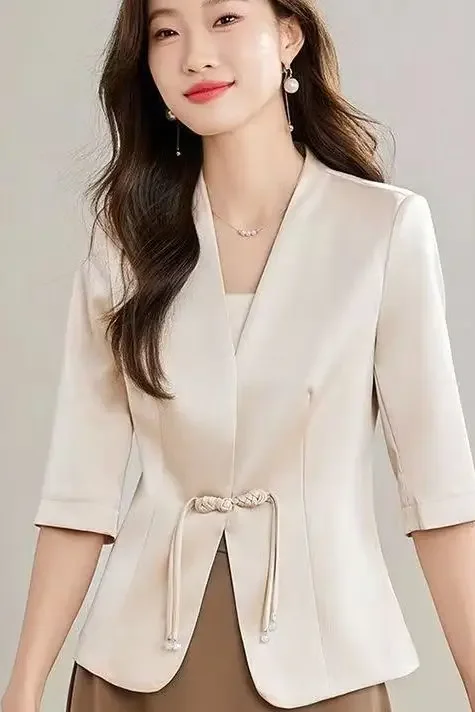

New Chinese Style Buckle Satin Short Jacket Light and Thin New High-end Temperament Solid Color Simple Versatile Top XT1042