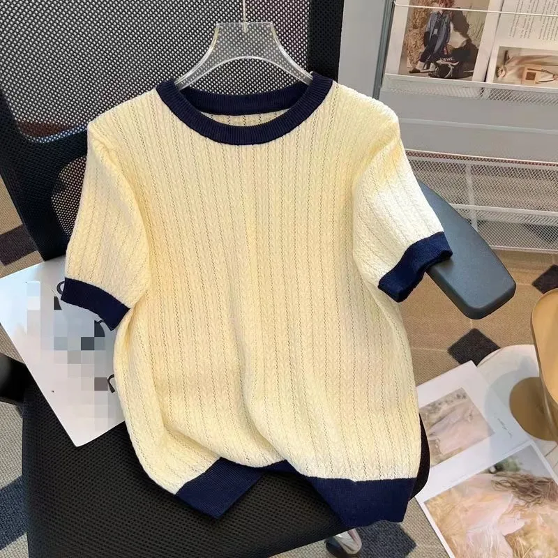 เสื้อยืดถักไหมพรมบางเบา สไตล์ลำลอง ดีไซน์สีตัดกัน ลายฉลุ สำหรับผู้ชายและผู้หญิง ทรงหลวม คอกลม