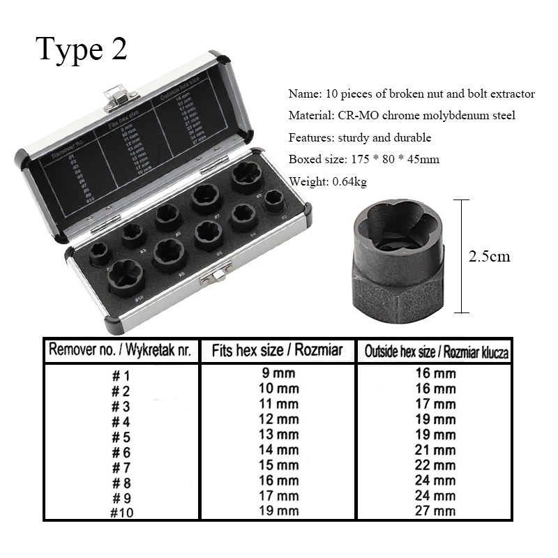 9-19mm Nut Screw Remover Extractor 10Pcs Damaged Bolt Threading Tool Socket Wrench Extractor Drill Bits Set Bolt Hand Tool Kit