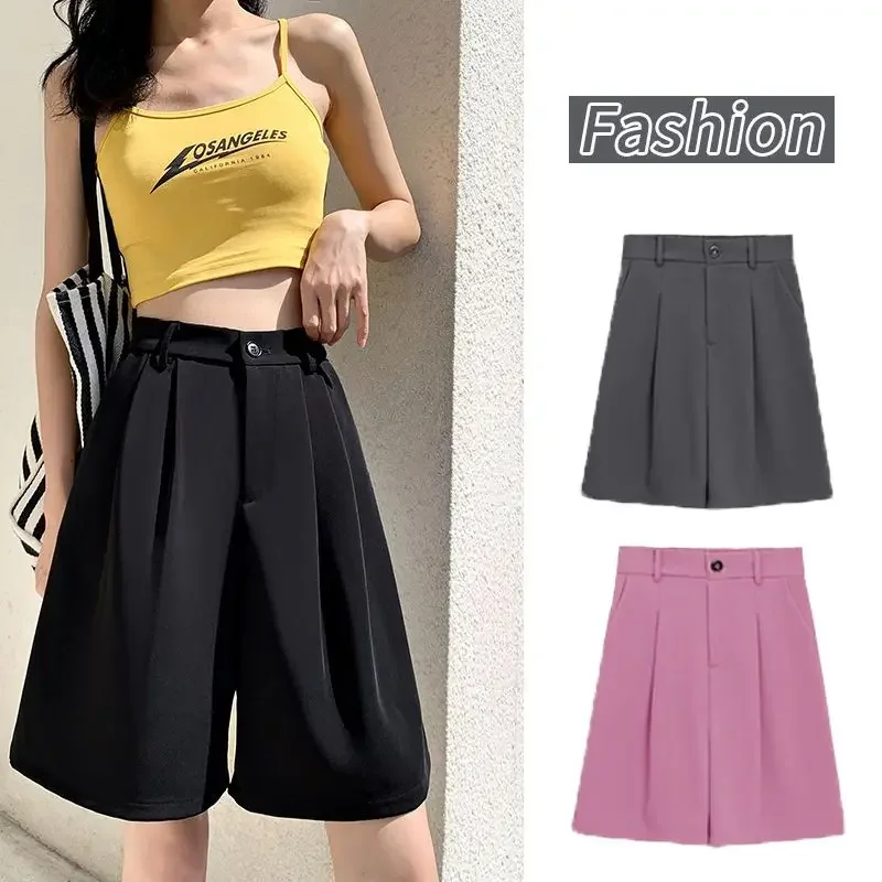 

Summer Women's Suit Shorts Casual Loose Wide Leg Long Shorts Pockets Office Solid Knee-length Pants Oversize Shorts Women Q158