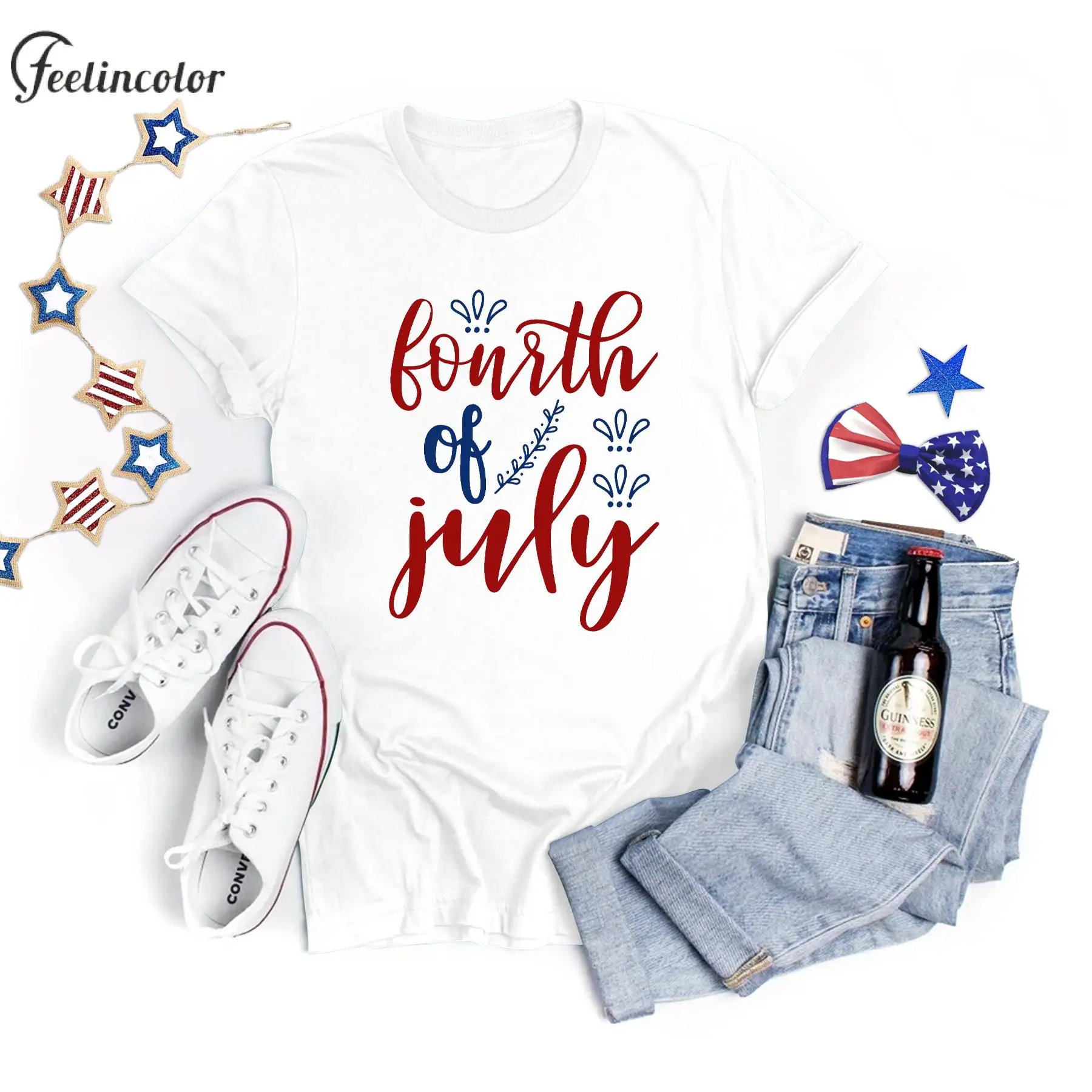 

Fouth of July T-shirts for Women Stars Stripes and Tons of Sparkles Top Patriotic America Tee USA Flag Love Casual T Shirt White