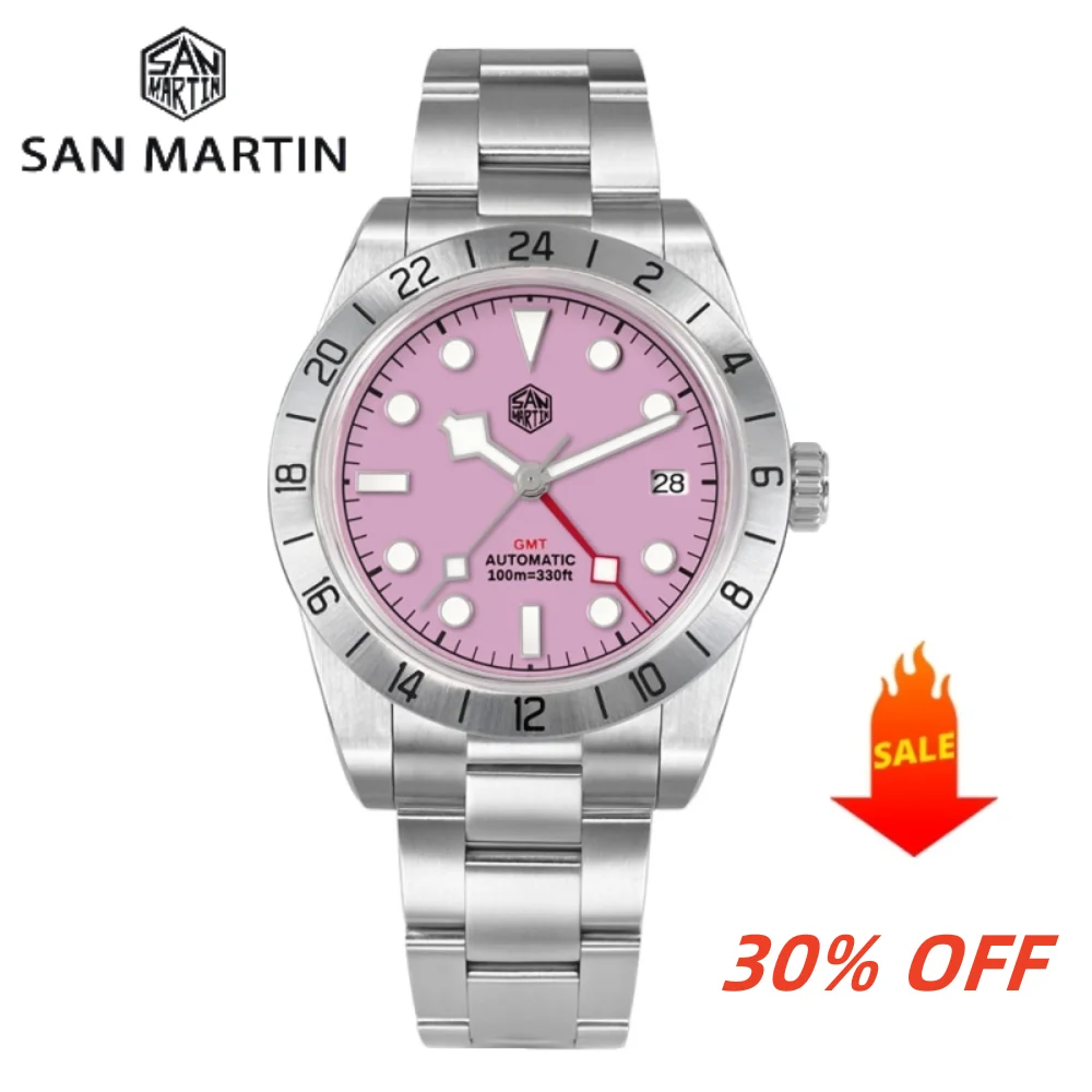 San Martin Pink Dial BB GMT NH34 39mm Classic Luxury Business Men Watch Automatic Mechanical Sapphire Waterproof Relojes SN0054