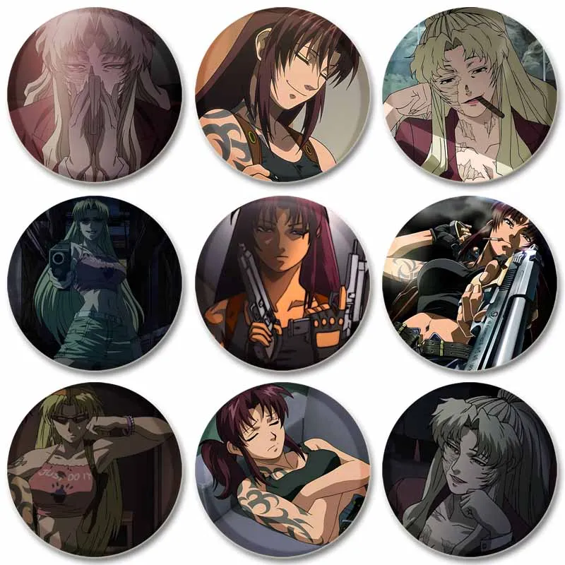 58mm Anime Black Lagoon Creative DIY Badge Tinplate Plastic Pins Button Brooch for Backpack Decoration Accessories Jewelry Gifts