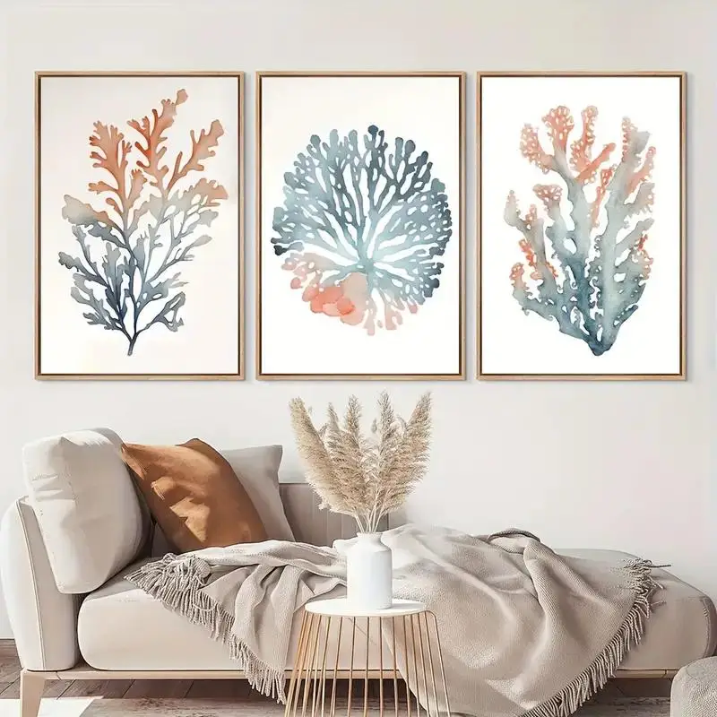 3Pcs/Set Frameless Canvas Poster Art Coral Seaweed Hanging Picture Modern Bedroom Living Room Corridor Wall Home Decor