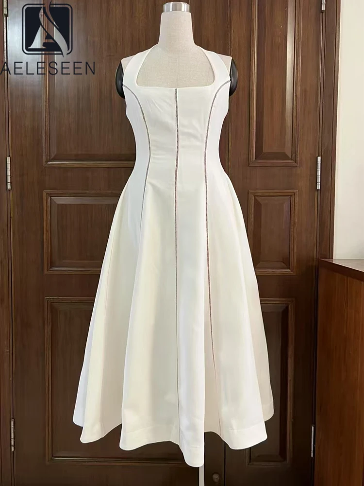 

AELESEEN Spring Summer Solid Dress Women Sleeveless Elegant Halter Backless Slim Tie Strapless High Waist Casual Party Female