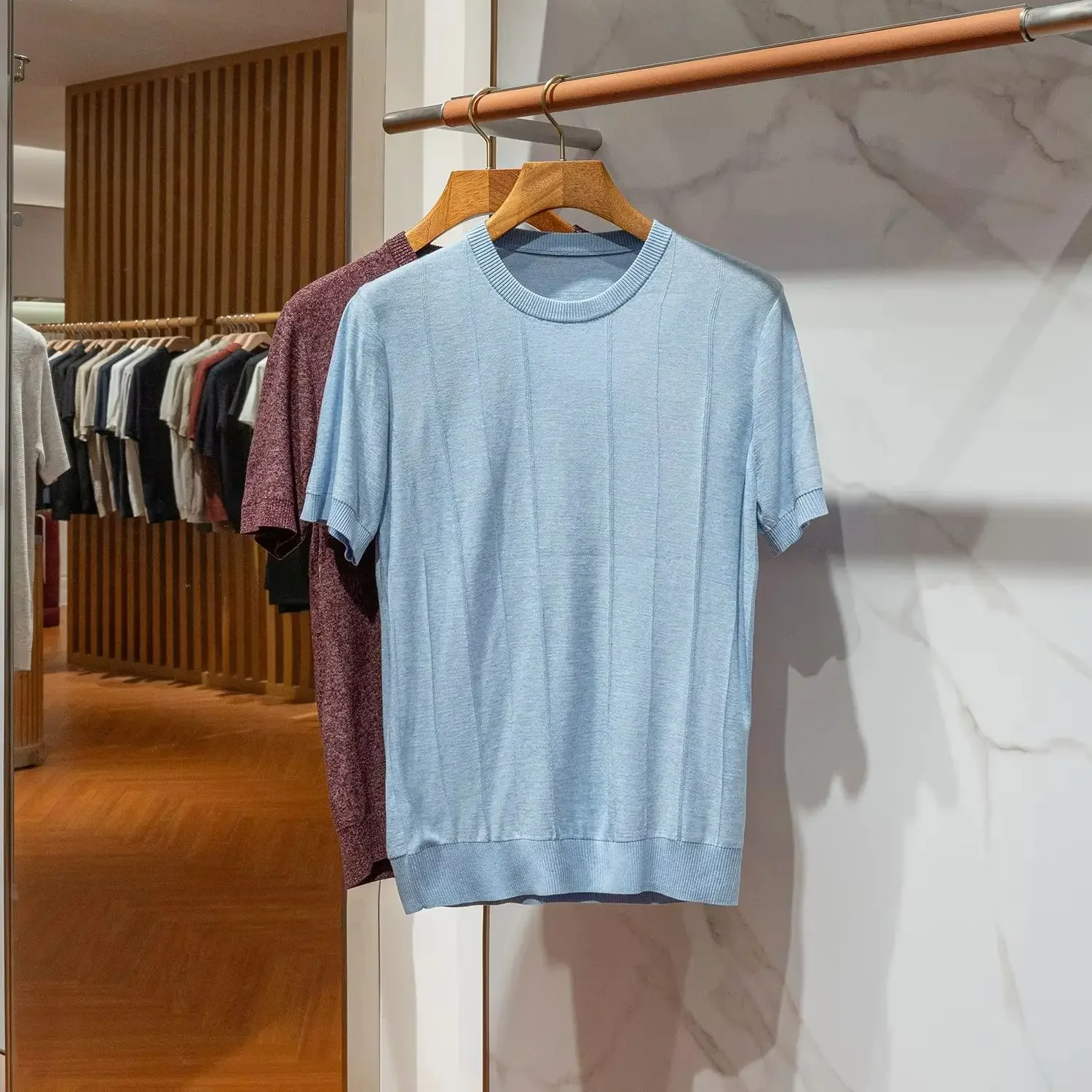 

Italian Old Money Style Custom Weave Blend Summer Breathable Men's Jacquard Knit Crew Neck Short Sleeve T-Shirt