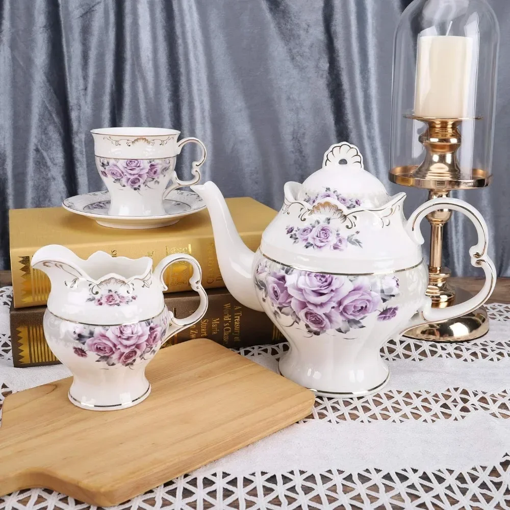 

ez Matcha Set Purple Rose Coffeeware Teaware 15 Piece Porcelain Tea Set for Adults Wedding Tea Service Tools Kitchen Dining Bar