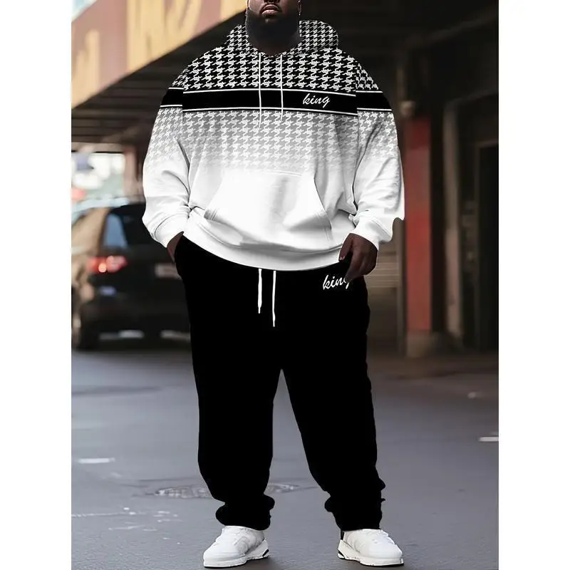 plus Size Men's 2 Piece Set King Letter Print Plaid Hooded Sweatshirt Comfortable Breathable Streetwear for Casual Sport