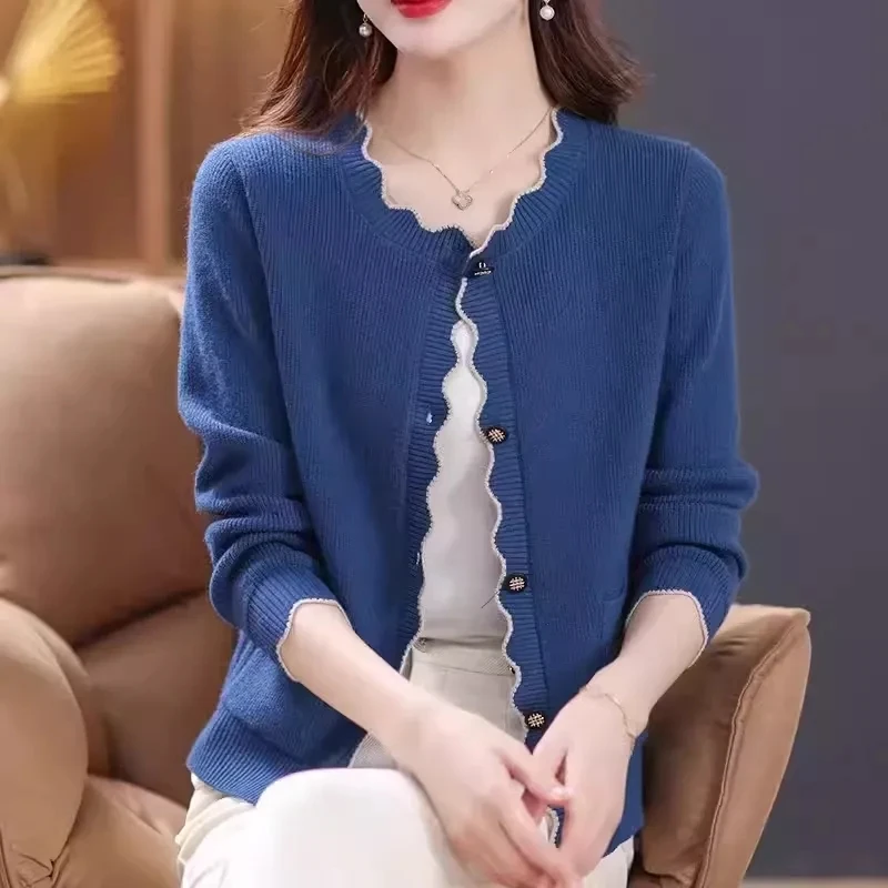 Autumn Winter 2024 Fashion Solid Color Women Knitted Cardigan Sweater Jacket Elegant Versatile Comfortable Ladies Tops