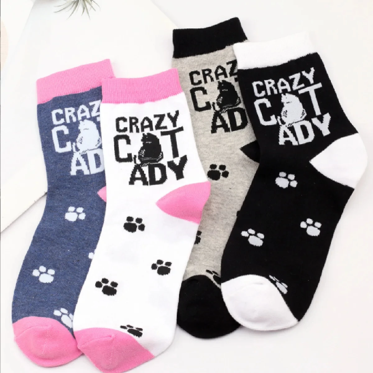 

4 Pair of Cotton Socks Lady's Casual Cat-print Socks