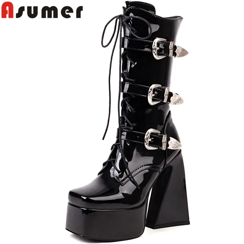 

ASUMER 2022 Size 35-46 New Patent Leather Ankle Boots Narrow Band Thick High Heels Boots Woman Ladies Winter Platform Shoes