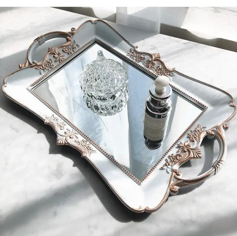 French Retro White Embossed Mirror Tray Living Room Table Tea Minimalist Cosmetics Jewelry Storage Wedding Decoration