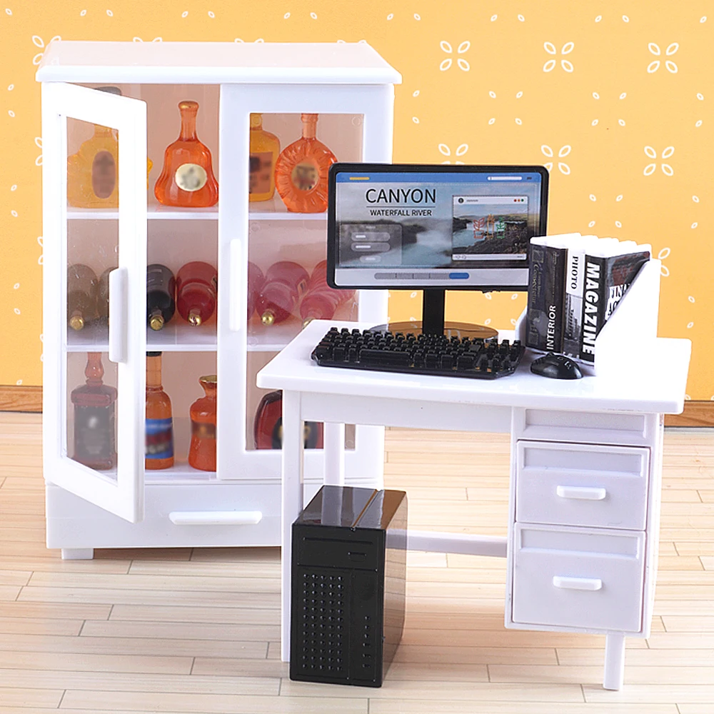 1:12 ドールハウスミニチュアオフィス家具セットシミュレーションコンピュータデスクモデル本棚ドールハウス装飾アクセサリー