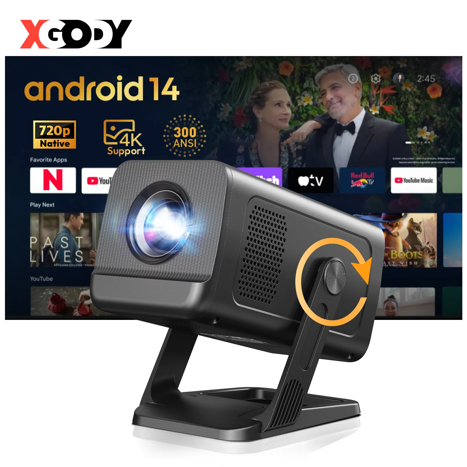 Projecteur XGODY Gimbal 5 GO Android 14.0 à courte focale 4K 1080P natif 720P 300 ANSI Lumens, double Wi-Fi BT5.4, Air Mouse, Home Cinéma