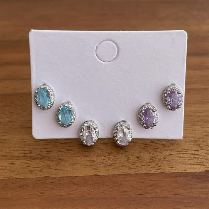 

Minar New Chic 6pcs/Set Multicolor Oval CZ Cubic Zirconia Stud Earrings for Women Silver Plated Copper Office Career Jewelry
