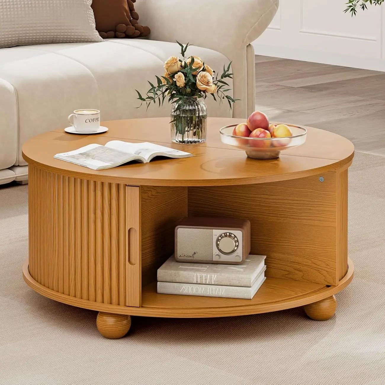 

Fluted Round Coffee Table with Storage: 31.5" Mid Century Modern Coffee Table with 360° Curved Sliding Door, Wood, Customized