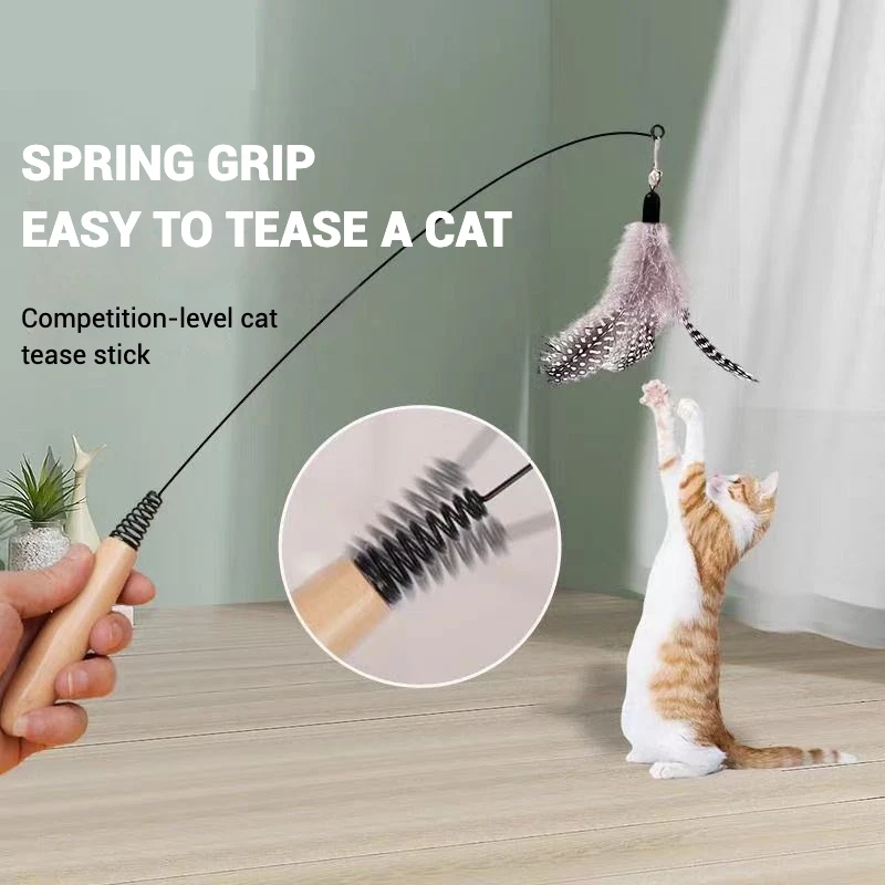 

Wooden Handle Cat Teasing Stick Feather Bell Cat Interactive Self-pleasure Toy Kitten Games Hunting Toy For Cat Christmas Suppli