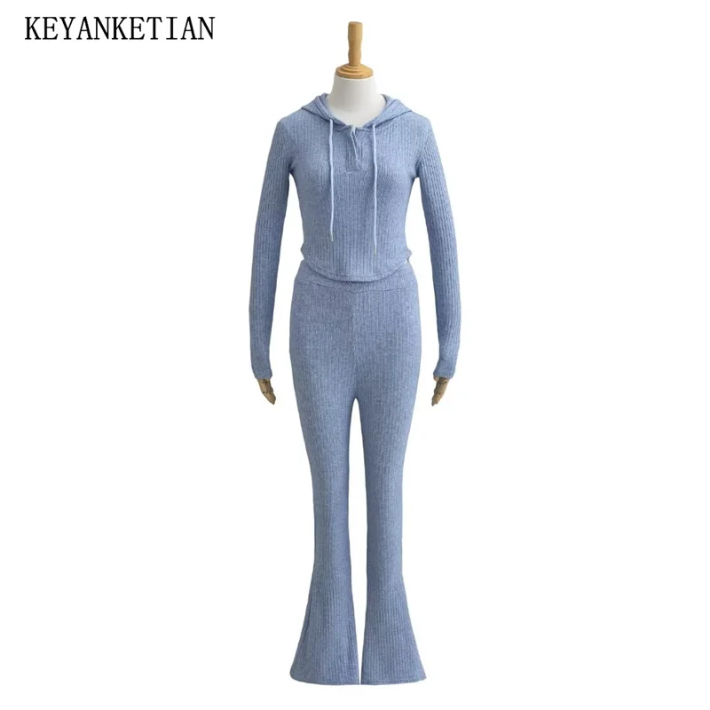 KEYANKETIAN Autumn New Women's Knitted Suit Stylish Short Hat Neck Sweater High-Waisted Knit Bell Bottoms Female Two-Piece